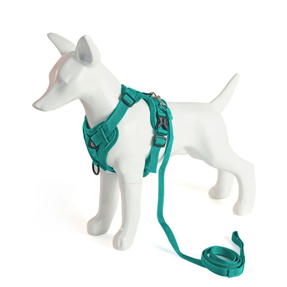 Teal cat harness and leash set displayed on a white studio mannequin
