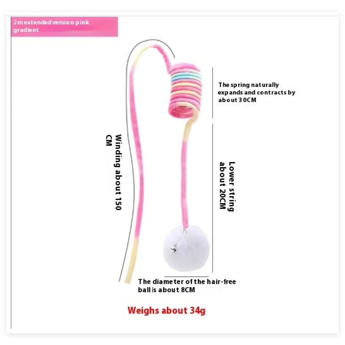 Pink gradient spring cat toy dimensions: 30 cm expandable spring, 20 cm lower string, 8 cm ball, 34 g